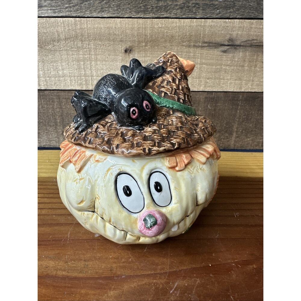 Halloween Scarecrow Candy Dish With Lid Spider Ceramic Avery Creations 1993 VTG